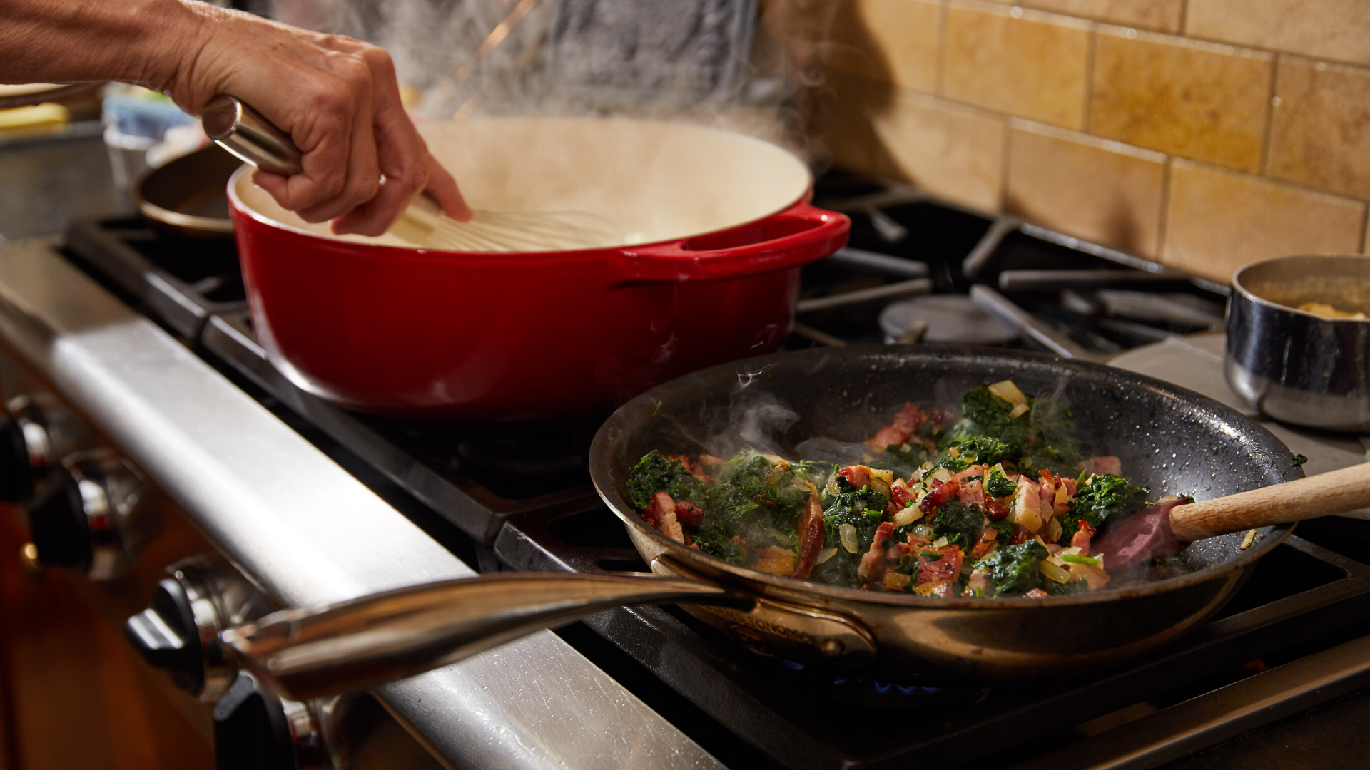 cooking up vegetables on the stove at the inn